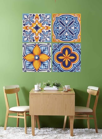 طقم من ٤ لوحات كانفاس مربع على إطار خشبي، تصميم زخرفة تالافيرا الشعبية، للمنزل، غرفة المعيشة، المكتب، الديكور