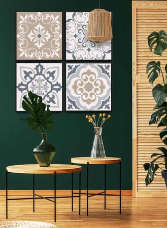 طقم من ٤ لوحات كانفاس مربع على إطار خشبي، تصميم نمط سيراميك ملون، للمنزل، غرفة المعيشة، المكتب، الديكور