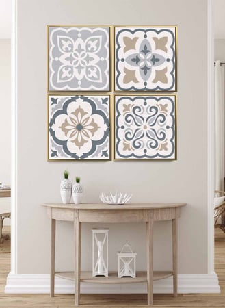 طقم من ٤ لوحات كانفاس مربع على إطار خشبي، تصميم نمط سيراميك ملون، للمنزل، غرفة المعيشة، المكتب، الديكور