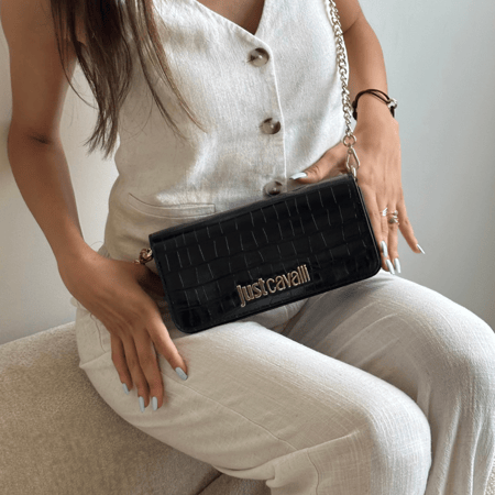 JUST CAVALLI CROCODILE PRINTED LEATHER BLACK BAG
