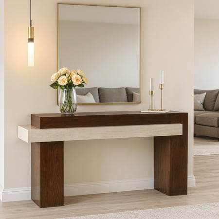 طاولة مدخل بتصميم هندسي خشبي ثنائي اللون