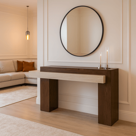 طاولة مدخل بتصميم هندسي خشبي ثنائي اللون