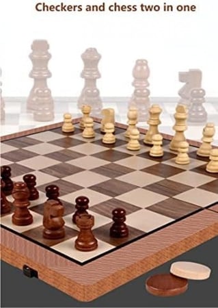 مجموعة شطرنج خشبية مغناطيسية للمحترفين 2 في 1، مقاس 15 انش × 15 انش، مجموعة العاب شطرنج خشبية قياسية للسفر الدولية مع فتحات تخزين قطع الالعاب، مجموعة شطرنج للمحترفين