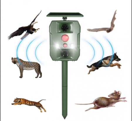 طارد للكلاب والقرود والقطط والحمام والطيور (يتثبت في المزارع والأشجار وأعلى المنازل) حاصل على شهادة CE (يوجد مقاطع فيديو لتجربة الجهاز) شحن مجاني