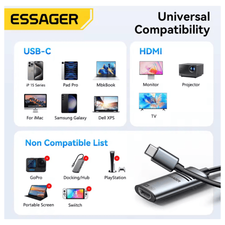 كابل محمول إساجر USB-C إلى HDMI بجودة 4k بقوة 30 ميجاهرتز - رمادي