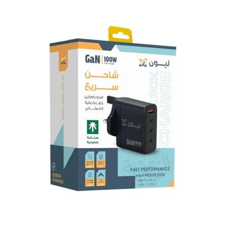 شاحن جداري ليون اكس بقوة 100 واط 3 منافذ تايب سي ومنفذ يو اس بي - اسود