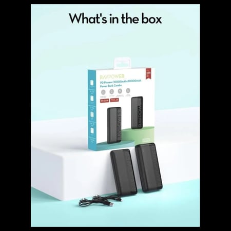 بكج بطاريتين راف باور بقوة 20 واط بسعة 20000 + 10000 ملي امبير منفذين تايب سي ومنفذ يو اس بي