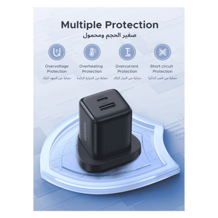 شاحن جداري يوجرين بمنفذ يو اس بي ومنفذ تايب سي بقوة 30 واط - رمادي