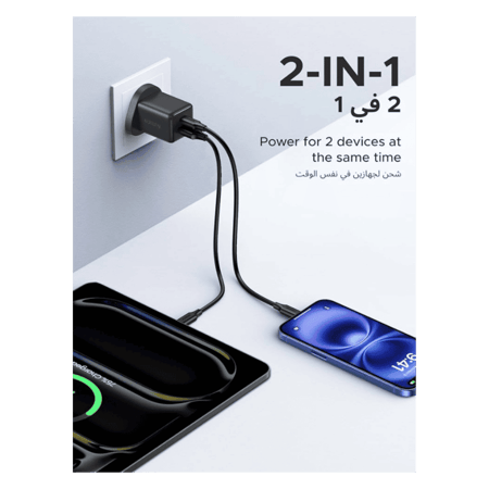 شاحن جداري يوجرين بمنفذ يو اس بي ومنفذ تايب سي بقوة 30 واط - رمادي