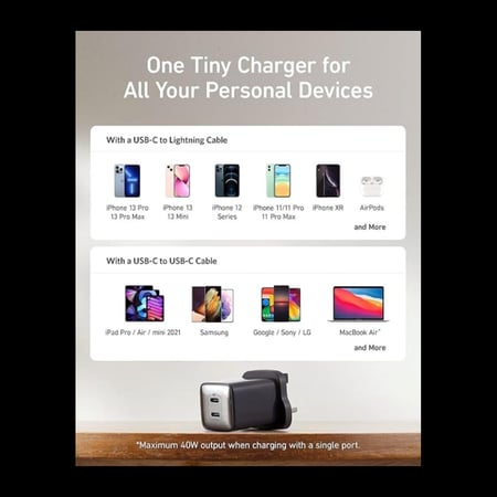 شاحن جداري انكر نانو برو 521 بمنفذين تايب سي بقوة 40 واط - أبيض