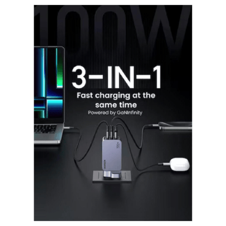 شاحن جداري يوجرين بمنفذين تايب سي ومنفذ يو اس بي بقوة 100 واط مع كيبل تايب سي الى تايب سي بطول 1.5 متر - رمادي