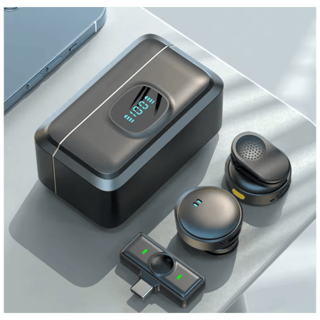 ميكروفون لاسلكي تايب سي بخاصية تقليل الضوضاء مع علبة شحن - اسود