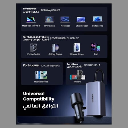 شاحن سيارة يوجرين 4 منافذ بقوة 150 واط