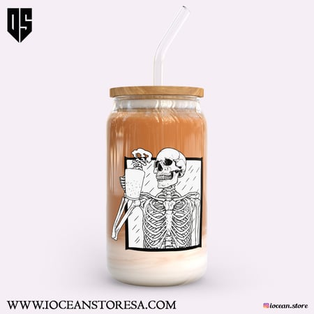 كوب زجاجي بغطاء خشبي و مزاز زجاجي