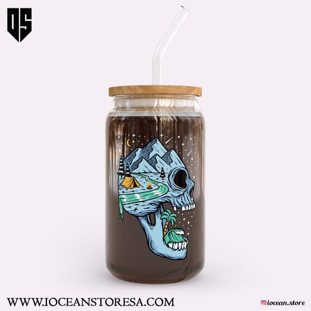 كوب زجاجي بغطاء خشبي و مزاز زجاجي