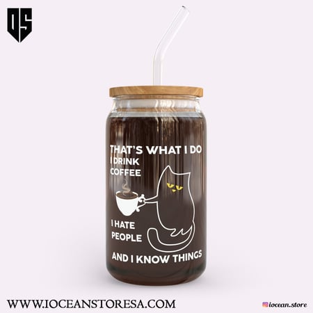 كوب زجاجي بغطاء خشبي و مزاز زجاجي