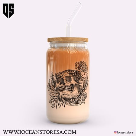 كوب زجاجي بغطاء خشبي و مزاز زجاجي