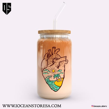 كوب زجاجي بغطاء خشبي و مزاز زجاجي