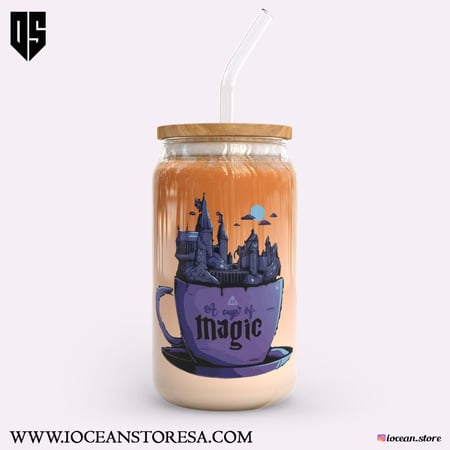 كوب زجاجي بغطاء خشبي و مزاز زجاجي هاري بوتر  - harry potter