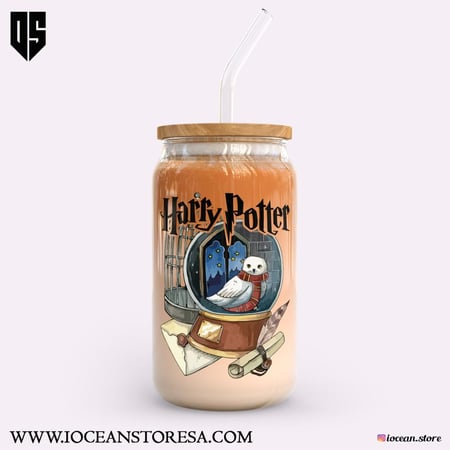 كوب زجاجي بغطاء خشبي و مزاز زجاجي هاري بوتر  - harry potter
