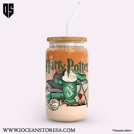 كوب زجاجي بغطاء خشبي و مزاز زجاجي هاري بوتر  - harry potter