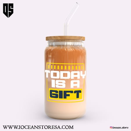 كوب زجاجي بغطاء خشبي و مزاز زجاجي