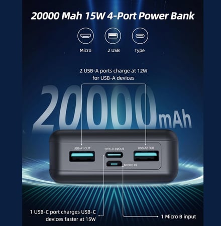 بطارية متنقله راف باور RP-PB1216 20000mah 15W 4-port اسود 20000 مللي أمبير ساعة