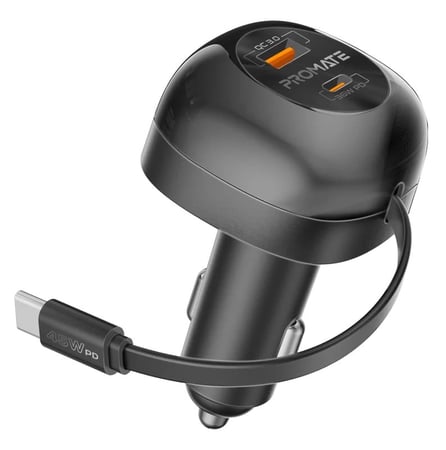 Promate شاحن سيارة متعدد المنافذ بقدرة 62 واط مع كابل USB-C قابل للسحب