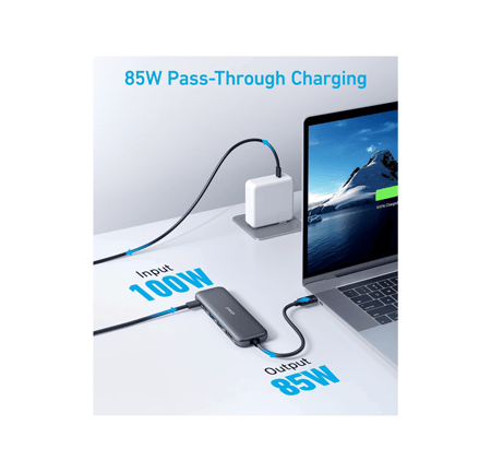 موزع متعدد المنافذ ‎ 8في 1 انكر منفذين USB-A ومنفذين USB-C , منفذ HDMI , منفذ SD , منفذ Micro SD , منفذ Ethernet - رمادي