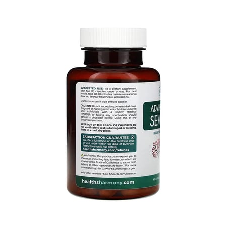 هيلثز هارموني، سي موس المتطور (طحلب البحر)، معزز بـ البيوبيرين، عضوي، مكمل غذائي - 60 كبسولة