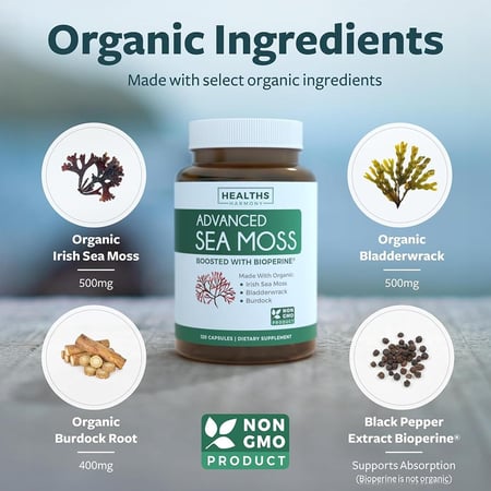 هيلثز هارموني، سي موس المتطور (طحلب البحر)، معزز بـ البيوبيرين، عضوي، مكمل غذائي - 60 كبسولة
