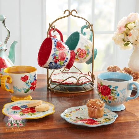 طقم كوب فاخرة مع الصحون والستاند 9-قطع - المنزل الريفي الهادئ