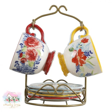 طقم كوب فاخرة مع الصحون والستاند 9-قطع - المنزل الريفي الهادئ