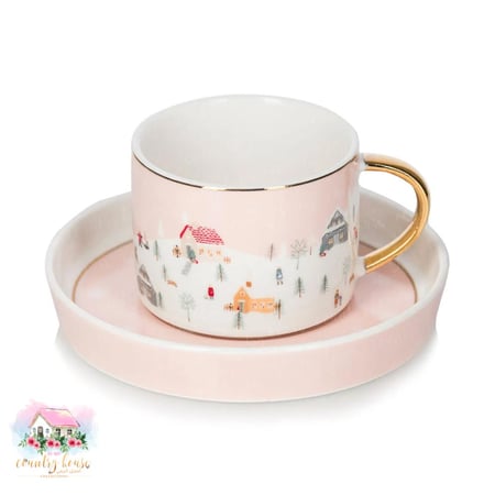 طقم أكواب مدينة الثلج للقهوة لشخصين - المنزل الريفي الهادئ