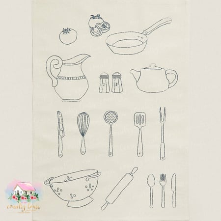 مفرش اواني المطبخ المطرز - المنزل الريفي الهادئ