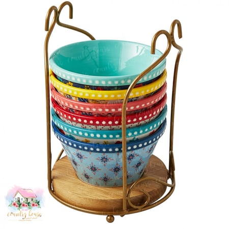 طقم زبديات ريفية مع ستاند معدني أنيق - المنزل الريفي الهادئ