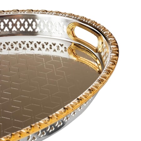 صينية تقديم بيضاوي وسط فضي وذهبي