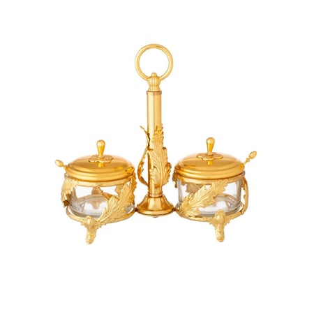 طقم سكرية مزدوجة مع الملاعق بحامل ذهبي