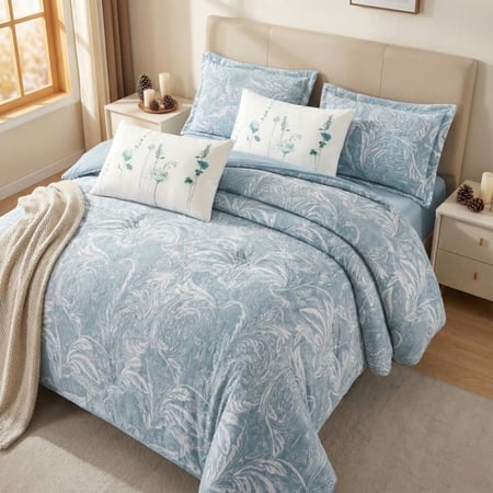 مفرش سرير سارة مشجر شتوي مخمل مزدوج 6 قطع سماوي