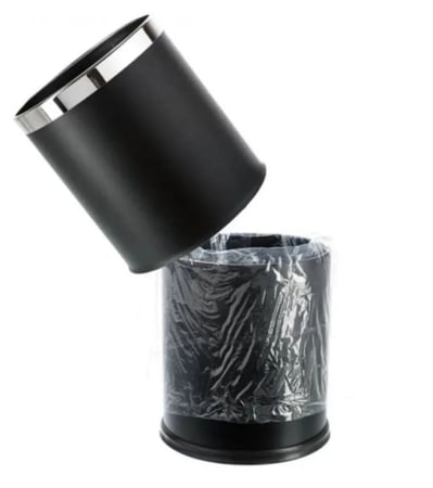 سلة مهملات دائرية مصنوعة من الستانلس ستيل والجلد - فضي وأسود