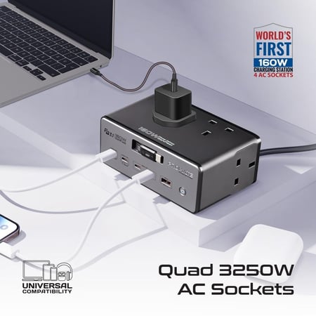 منصة الشحن الأولى من نوعها في العالم (10 في 1) بتقنية GaNFast PD3.1   4 مقابس AC بقوة 3250 واط و 5 منافذ USB-C بقدرة 160 واط وكابل قابل للسحب بطول متر ومنفذ USB-A 30 واط  كابل شحن جداري طول 3 متر  متوافقة مع جميع أنواع الأجهزة بلا استثناء