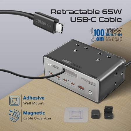 منصة الشحن الأولى من نوعها في العالم (10 في 1) بتقنية GaNFast PD3.1   4 مقابس AC بقوة 3250 واط و 5 منافذ USB-C بقدرة 160 واط وكابل قابل للسحب بطول متر ومنفذ USB-A 30 واط  كابل شحن جداري طول 3 متر  متوافقة مع جميع أنواع الأجهزة بلا استثناء