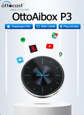 وتو كاست P3 اوتو اي بوكس - 2024 اندرويد 12 كار بلاي ايه اي، محول كاربلاي لاسلكي واندرويد تلقائي، 8GB+128GB، مخرج HDMI، نظام تحديد المواقع، عرض الفيديو يوتيوب، نتفليكس، تيك توك، الخ،