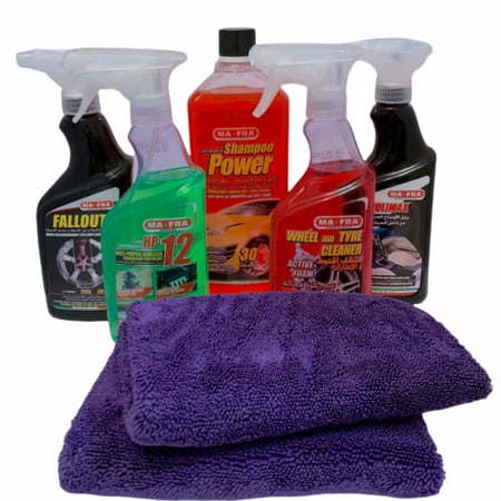 بكج مافرا  + منظف كفرات + منظف داخلي + منظف مكينة + منظف جنوط + شامبو باور + خرقة ميكروفايبر 40*70