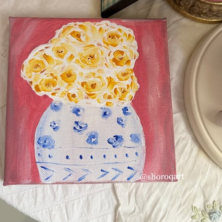 لوحة الڤازة الزرقاء بخلفية وردي blue &white vase pink bg