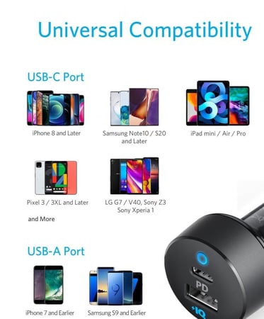 شاحن سيارة انكر باوردرايف بي دي ومنفذ USB