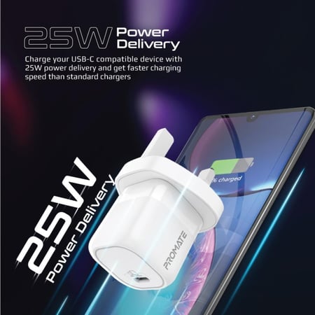 شاحن حائط صغير الحجم بتقنية GaNFast مع منفذ توصيل طاقة تايب سي، PowerPort-25 من بروميت