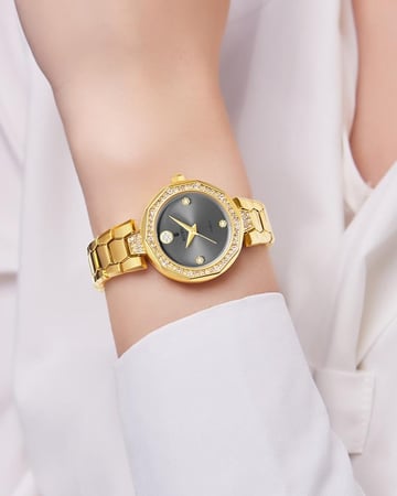 ساعة يد ذهبية للنساء بإطار مزخرف بالزركون ومينا رمادي