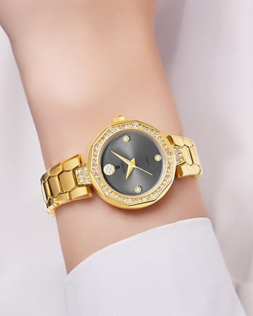 ساعة يد ذهبية للنساء بإطار مزخرف بالزركون ومينا رمادي