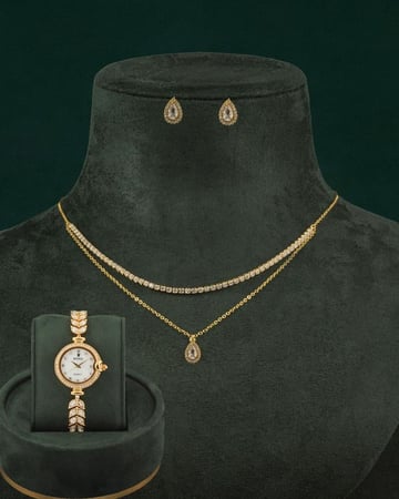 طقم شوكر مع ساعة تصميم ذهبي مرصع بالزركون